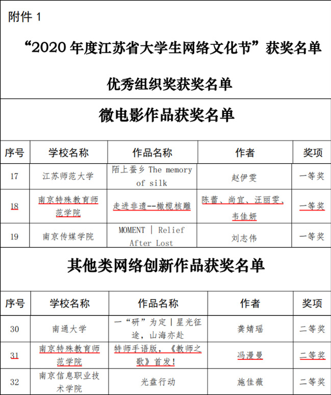 南京特殊教育师范学院作品在2020年度江苏省大学生网络文化节中获奖