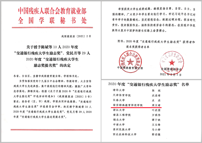 南京特殊教育师范学院学生荣获“交通银行残疾大学生励志奖”